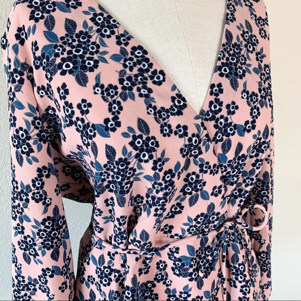 J. Crew Pink Floral V-Neck Faux Wrap Blouse